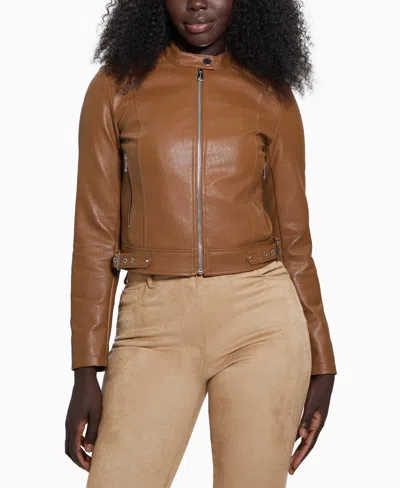 Guess Women's Faux-leather Moto Jacket With Snap Collar In Cognac