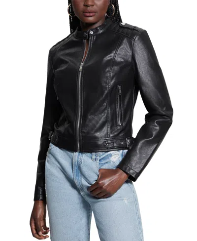 Guess Women's Faux-leather Moto Jacket With Snap Collar In Jet Black