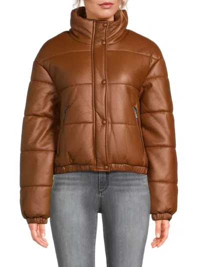 Guess Women's Faux Leather Puffer Jacket In Cognac