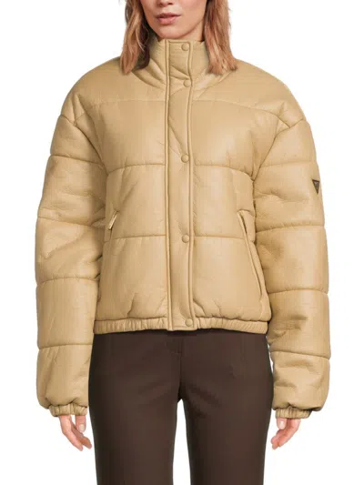 Guess Women's Faux Leather Puffer Jacket In Stone