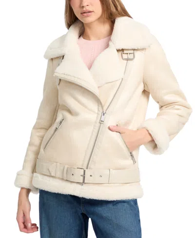 Guess Women's Faux-shearling Asymmetric Moto Coat In Gray