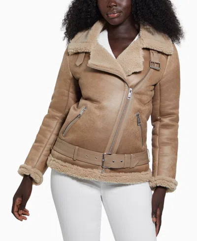 Guess Women's Faux-shearling Asymmetric Moto Coat In Tan