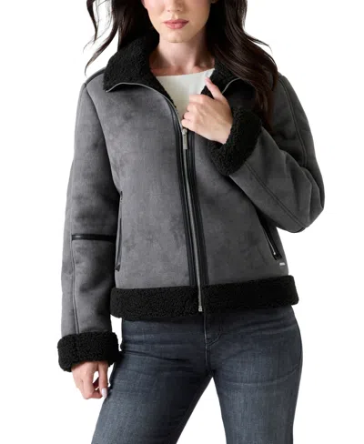 Guess Women's Faux Shearling Zip Up Jacket In Gray