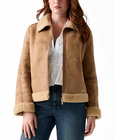 Guess Women's Faux Shearling Zip Up Jacket In Brown
