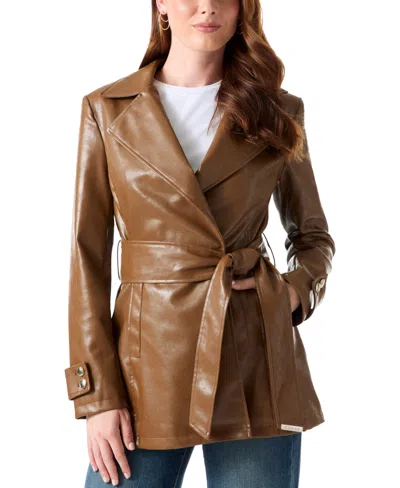 Guess Women's Faux-fur-collared Belted Faux-leather Trench Coat In Brown