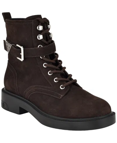 Guess Women's Fellini Buckle Strap Lace-up Combat Booties In Brown