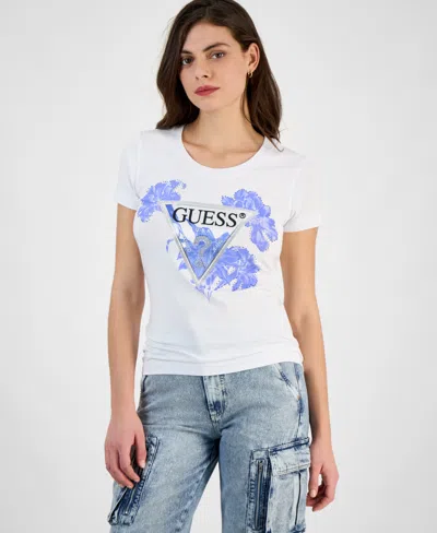 Guess Women's Flower-triangle Short-sleeve T-shirt In Pure White