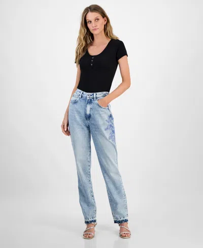 Guess Women's Flower-trim High Rise Tapered-leg Mom Jeans In Slfl-open