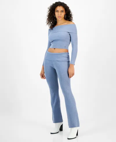Guess Women's Fold-over Ribbed Flare-leg Pants In Blue Ribbon Multi