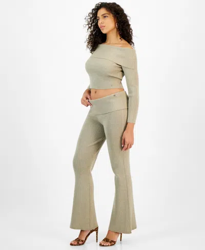 Guess Women's Fold-over Ribbed Flare-leg Pants In Walnut Shell Multi