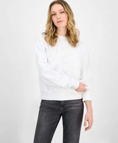 Guess Women's G-wave Embossed Studded Sweatshirt In Pure White