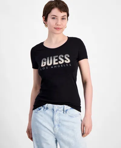 Guess Women's Glitter-logo Short-sleeve Crewneck Top In Jet Black A996
