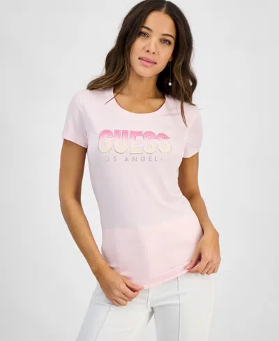 Guess Women's Glitter-logo Short-sleeve Crewneck Top In Low Key Pink