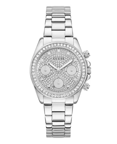 Guess Women's Glitz Silver-tone Stainless Steel Multi-function Watch, 36mm In Metallic