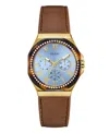 Guess Women's Gold-tone Brown Leather Multi-function Watch, 36mm In Brown