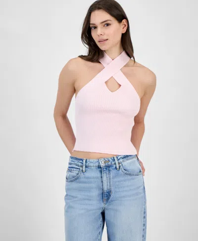 Guess Women's Halter Ribbed Knit Sleeveless Sweater In Low Key Pink