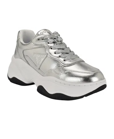 Guess Women's Happy Lace Up Chunky Outsole Retro Jogger Sneakers In Silver Metallic