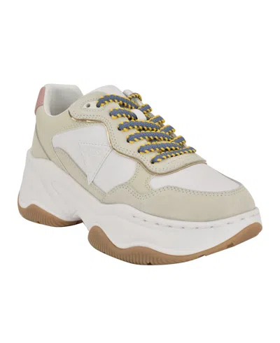 Guess Women's Happy Lace Up Chunky Outsole Retro Jogger Sneakers In White,grey Multi