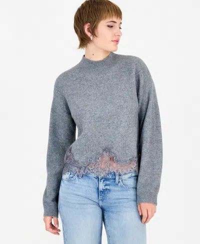 Guess Women's Hayden Mock Neck Long Sleeve Lace Sweater In Gray
