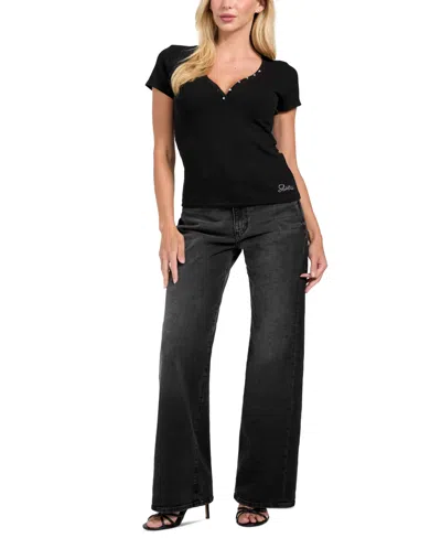 Guess Women's Henley Neck Short Sleeve Top In Black