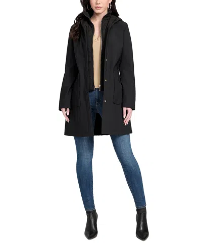 Guess Women's Hooded Bibbed Softshell Coat In Black
