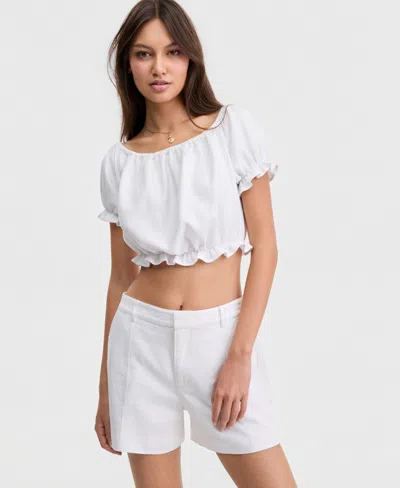 Guess Women's Issa Linen Cropped Ruffled-edge Top In White