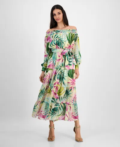 Guess Women's Josee Off-the-shoulder Long-sleeve Maxi Dress In Tropical Escape Print