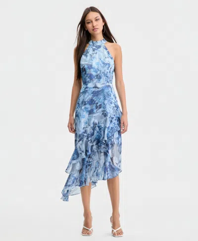 Guess Women's Kea Asymmetrical-hem Ruffled Dress In Blue