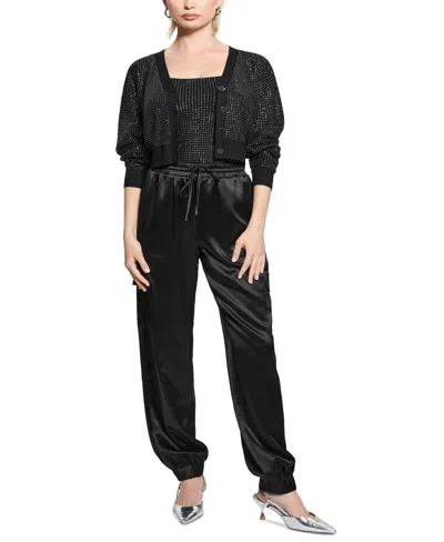 売れ筋商品|||ゲス ニット&セーター アウター レディース Women's Khloe Rhinestone V-Neck Cardigan Sweater Jet Black A996 Guess Khloe Rhinestone Cardigan Sweater In Jet Black A996