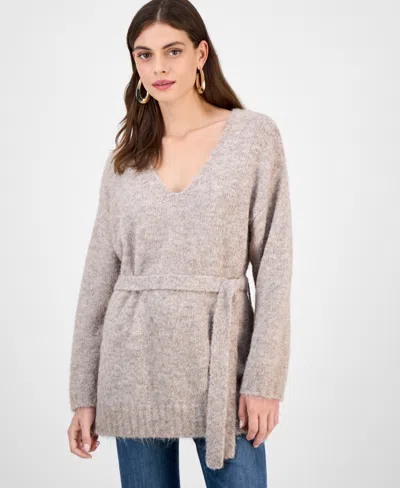 Guess Women's Kiyoka V-neck Tie-waist Long-sleeve Sweater In Brown