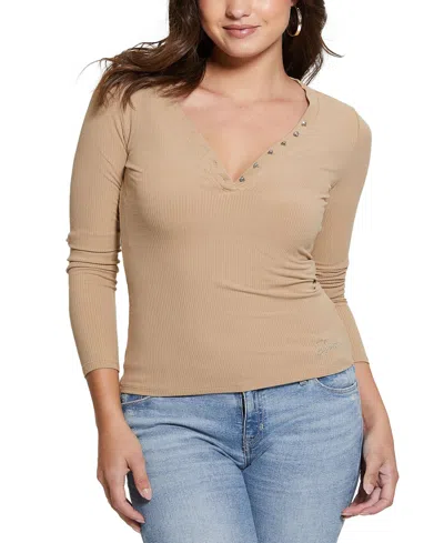 Guess Women's Kyla Ribbed Henley Long-sleeve Top In Travertine Sand