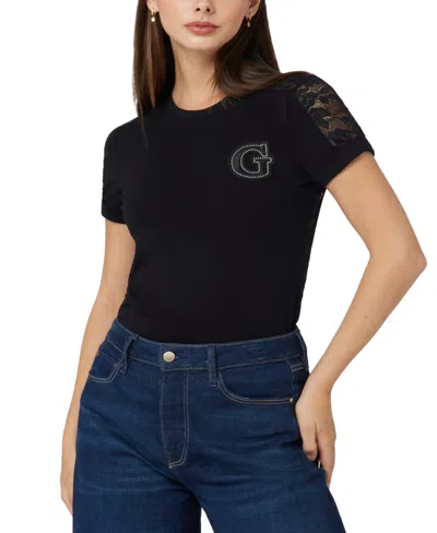 Guess Women's Lace Back Short-sleeve T-shirt In Black