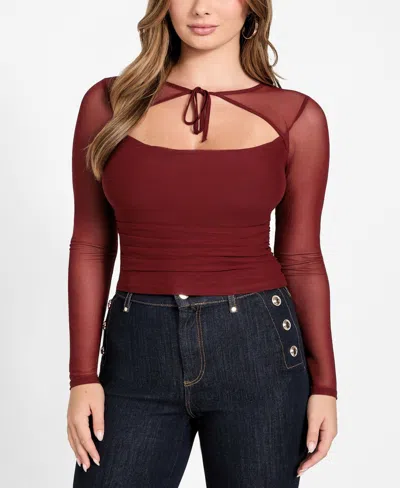 GUESS WOMEN'S LAURYN LONG SLEEVE TIE DETAIL MESH TOP