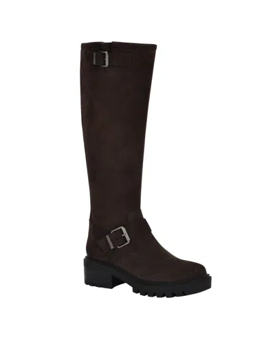 Guess Women's Lenni Knee High Suede Lug Sole Buckle Riding Boots In Dark Brown Suede