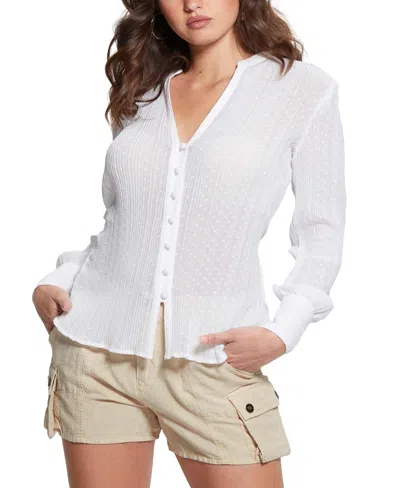 Guess Women's Lisette Printed Long-sleeve Tie-front Top In Pure White
