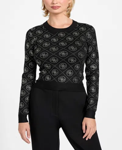 Guess Women's Long-sleeve Crewneck Rhinestones 4g Sweater In Black