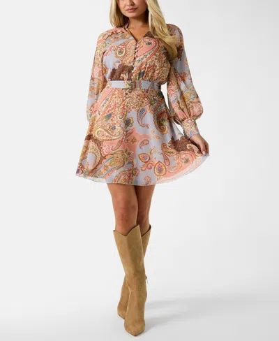 Guess Women's Long-sleeve Paisley V-neck Short Dress In Multi