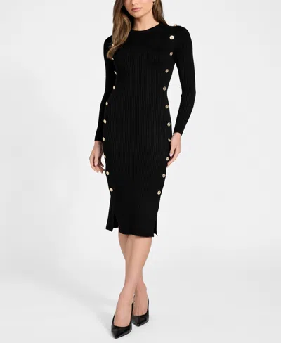 Guess Women's Long-sleeve Rib Logo Button Vonn Bodycon Dress In Black