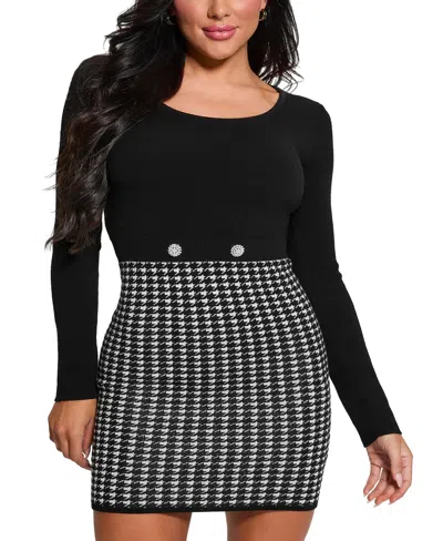 Guess Women's Long-sleeve Sweater Dress In Black White Pied De Poule