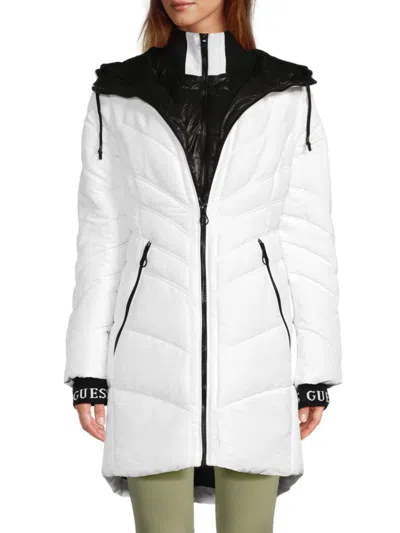 Guess Women's Longline Hooded Puffer Bib Jacket In White