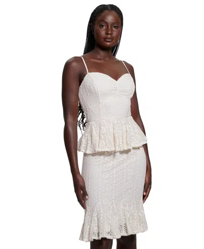 Guess Women's Lula Ruffle-waist Sleeveless Lace Dress In Pure White