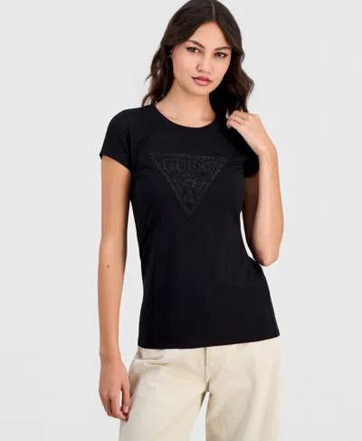 Guess Women's Lux Triangle Lace Logo Short-sleeve T-shirt In Black