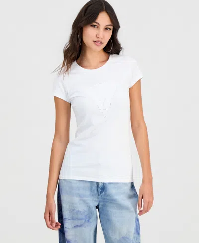 Guess Women's Lux Triangle Lace Logo Short-sleeve T-shirt In White