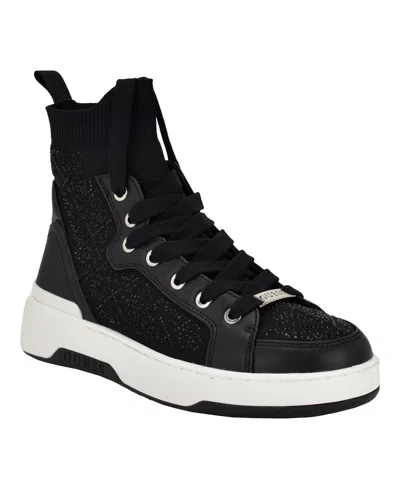 Guess Women's Mannen Knit Hi-top Lace-up Fashion Sneakers In Black