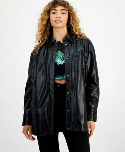 Guess Women's Mareva Faux-leather Long-sleeve Shacket In Black
