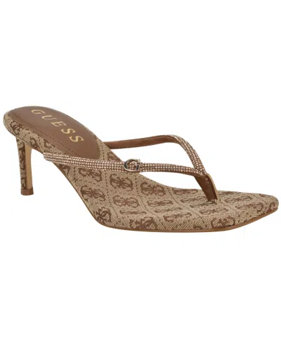Guess Women's Mayan Rhinestone Thong Kitten Heel Sandals In Gold,brown