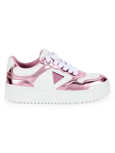 Guess Women's Miram Platform Lace-up Court Sneakers In White Pink