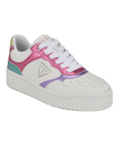 Guess Women's Miram Platform Lace-up Court Sneakers In Pink Pastel Metallic Multi,white