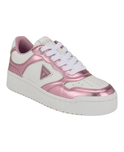 Guess Women's Miram Platform Lace-up Court Sneakers In White Pink