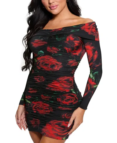 Guess Women's Miriana Rose-print Off-the-shoulder Dress In Blurred Roses Print Black